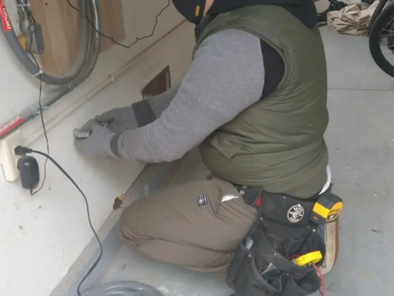 Electrician performing outlet wiring in a Sultan garage